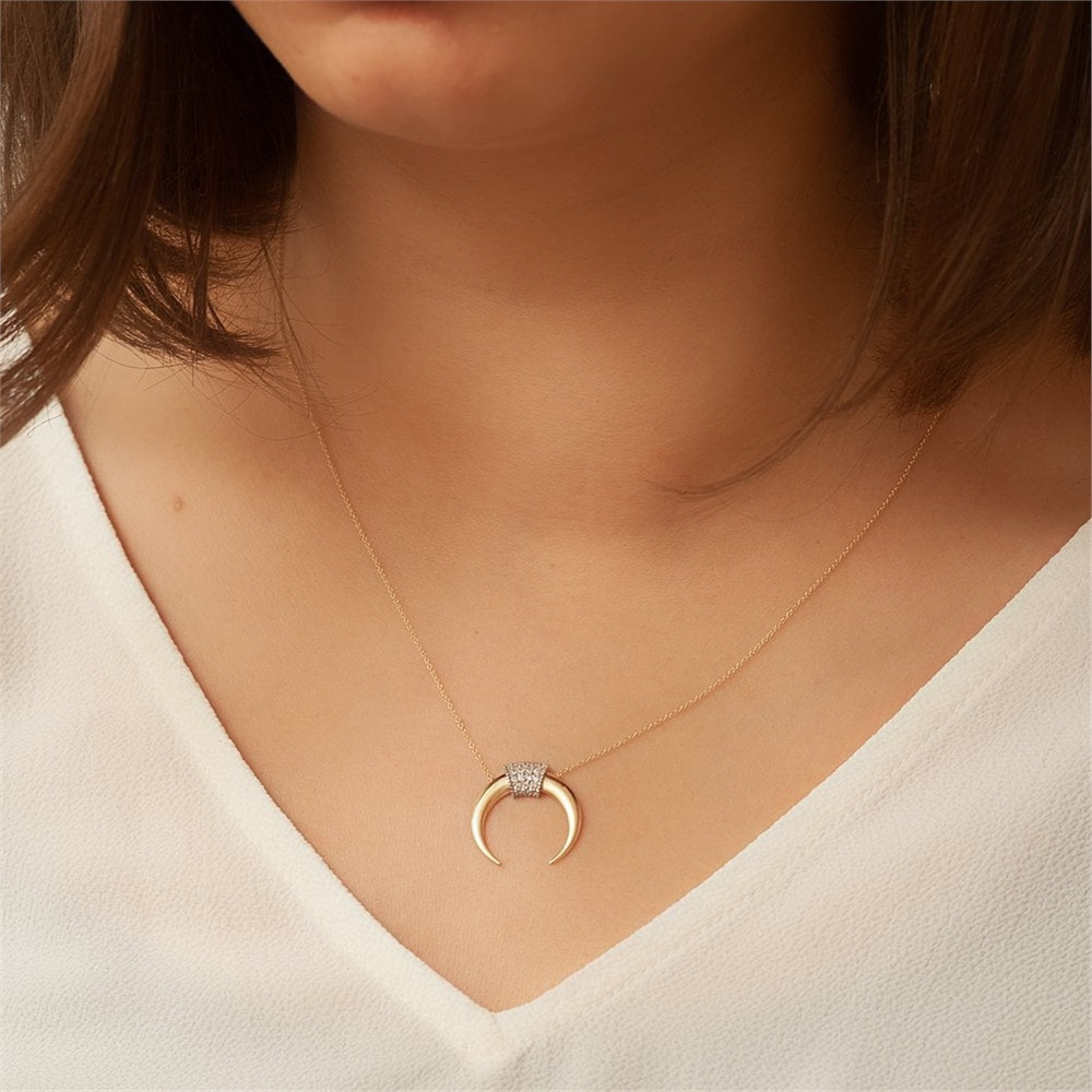 Goldstore-14k 18k Gold Double Horn Necklace, Cz Zirkon Solid gold Moon Necklace, Upside Down Moon Gold Necklace, Dainty Gold Crescent Necklace Gift