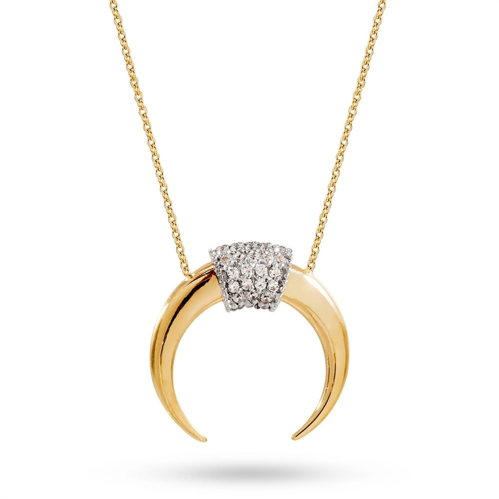 Goldstore-14k 18k Gold Double Horn Necklace, Cz Zirkon Solid gold Moon Necklace, Upside Down Moon Gold Necklace, Dainty Gold Crescent Necklace Gift