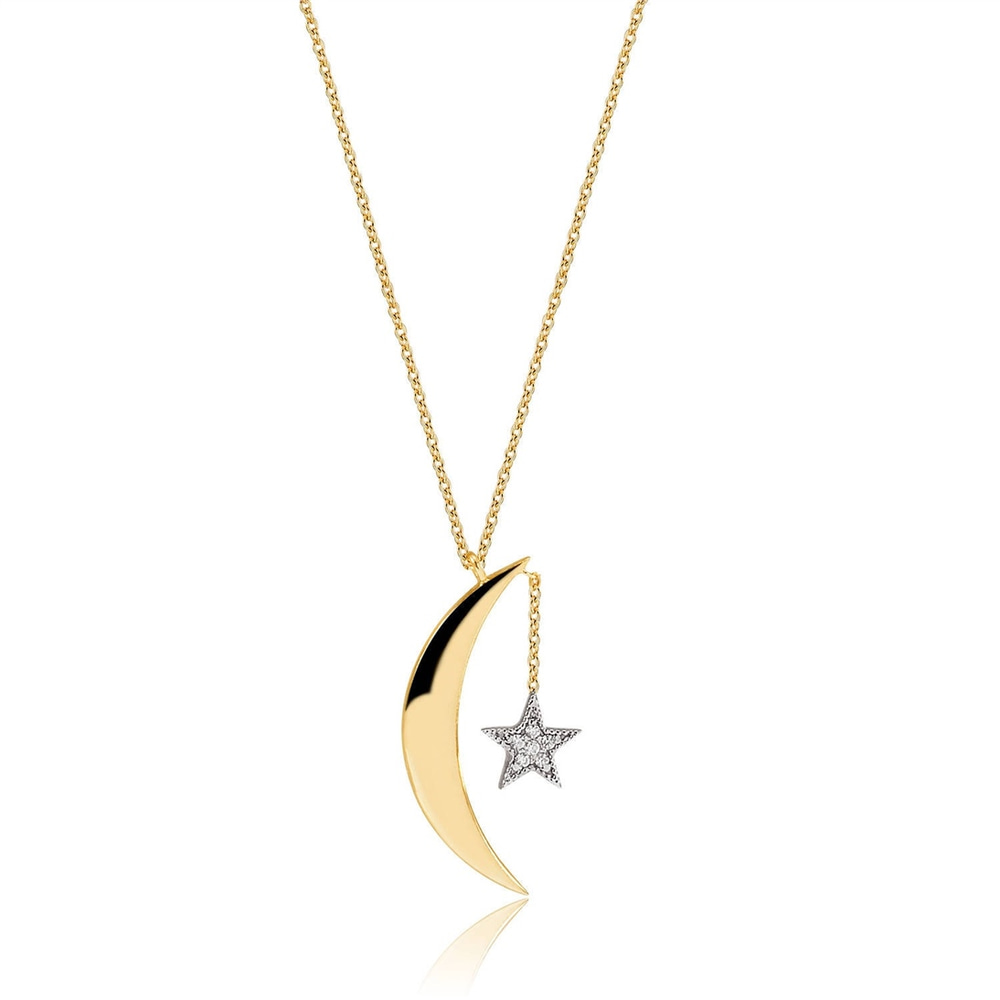 Goldstore-14k 18k Gold Gold Moon and Star Diamond Necklace, Crescent Moon and Star Pendant Necklace, Diamond or Zirconia Moon and Star Neclace is Gift