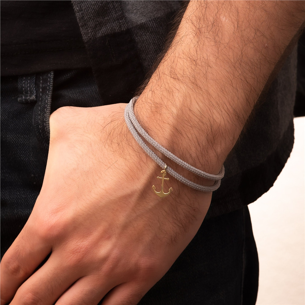 Goldstore-14k 18k Gold Mens Anchor Charm Cord Bracelet, Unisex Dangling Anchor Sailor Bracelet, Nautical Anchor Rope Bracelet Great Gift for Dad Him
