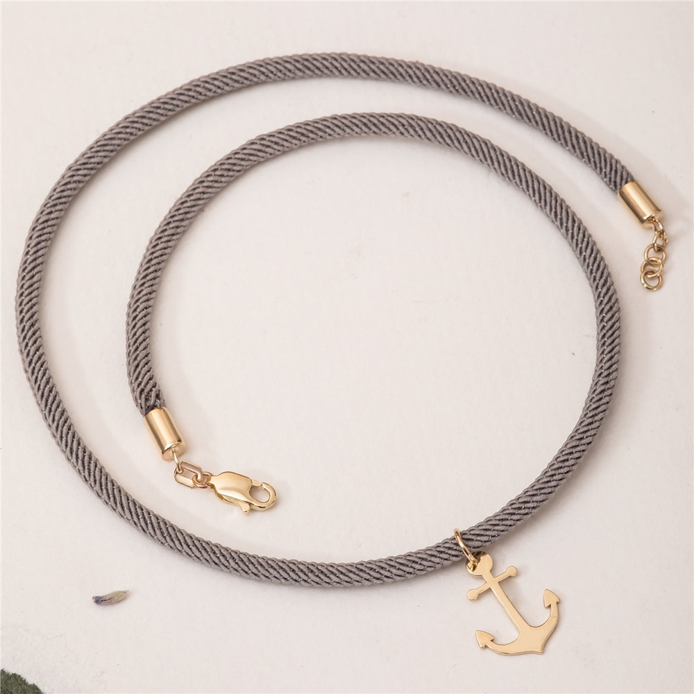 Goldstore-14k 18k Gold Mens Anchor Charm Cord Bracelet, Unisex Dangling Anchor Sailor Bracelet, Nautical Anchor Rope Bracelet Great Gift for Dad Him
