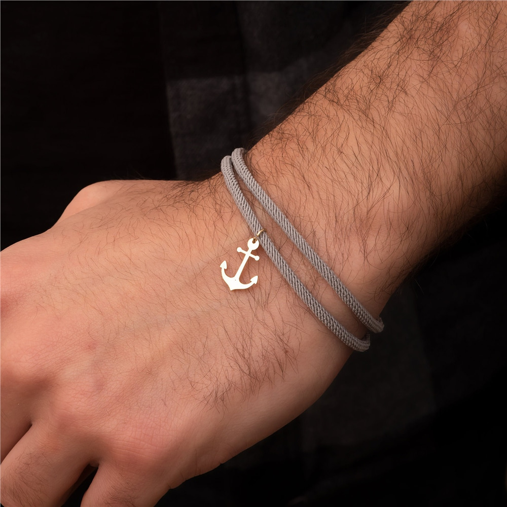 Goldstore-14k 18k Gold Mens Anchor Charm Cord Bracelet, Unisex Dangling Anchor Sailor Bracelet, Nautical Anchor Rope Bracelet Great Gift for Dad Him
