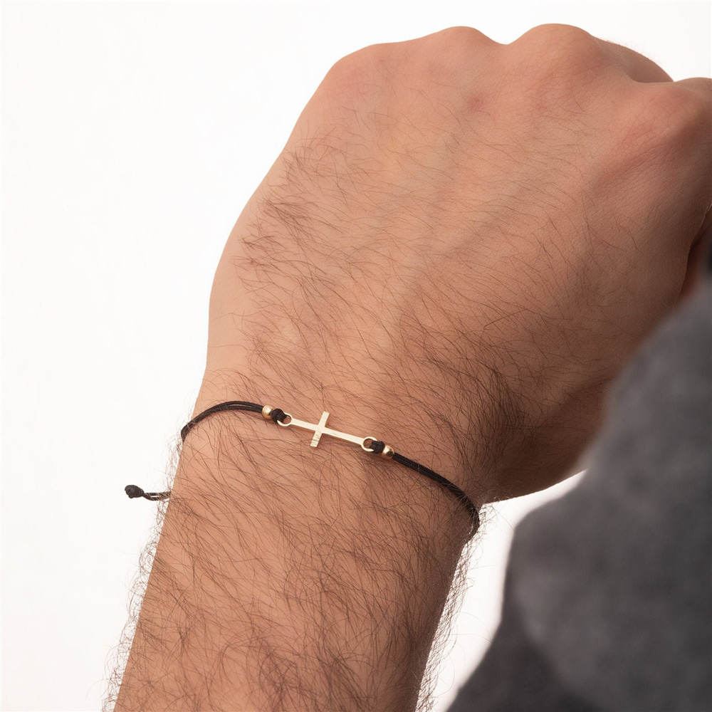 Goldstore-14k 18k Gold Mens Cross Bracelet, Unisex Cross Gold Bracelet For Women for mens, Men's Cross Rope Bracelet Great Gift for Dad, Gift For Him