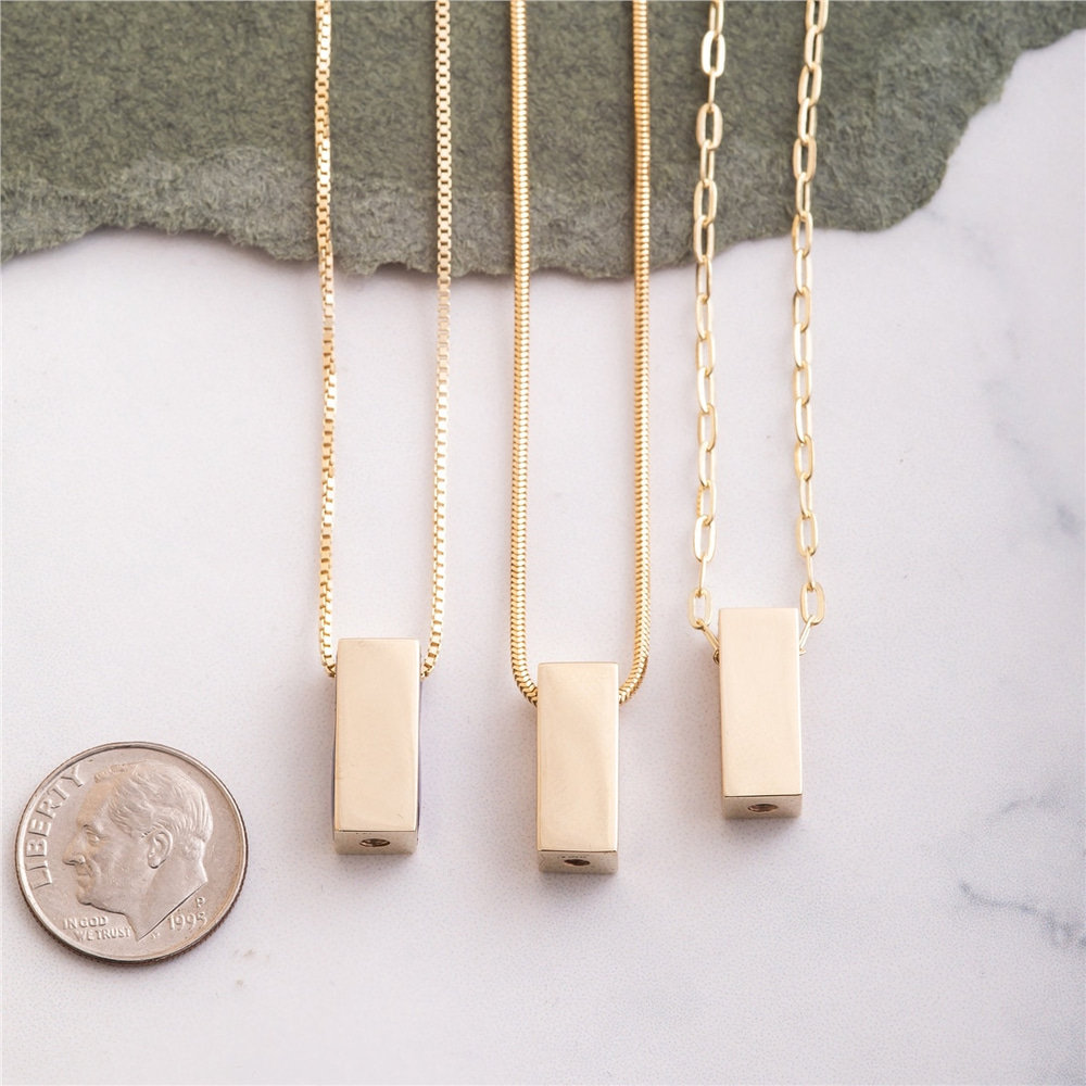 Goldstore-14K 18K Gold Micro Pave Diamond or Pave Cz Cremation Urn Bar Pendant, Custom Name Initial Letter Engraved Memorial Gold Pendant for Ashes