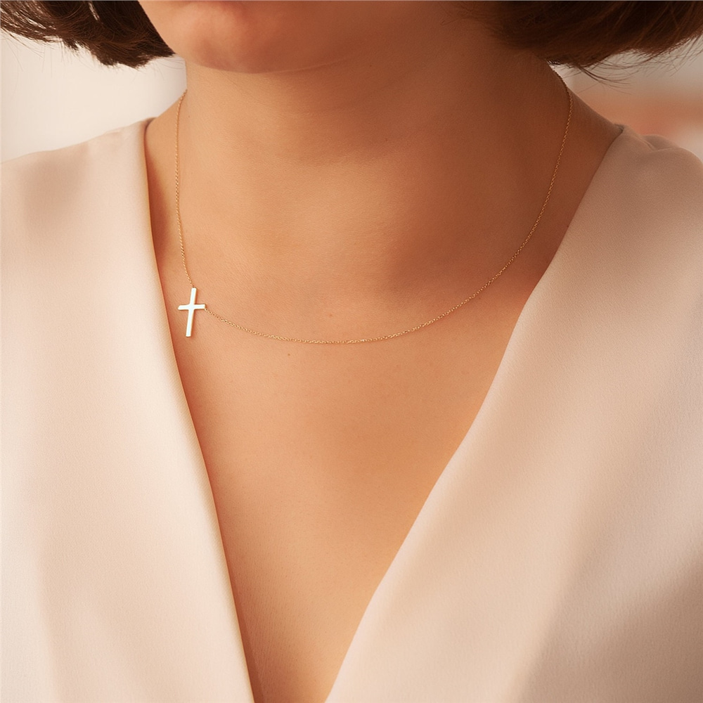 Goldstore-14k 18k Gold Sideways Cross Necklace, Solid Plain Gold Side Cross Necklace, Real Gold Sideways Vertical Cross necklace is a gift for Her.