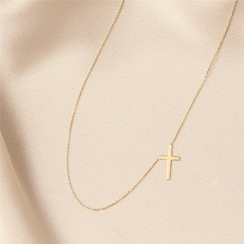 Goldstore-14k 18k Gold Sideways Cross Necklace, Solid Plain Gold Side Cross Necklace, Real Gold Sideways Vertical Cross necklace is a gift for Her.