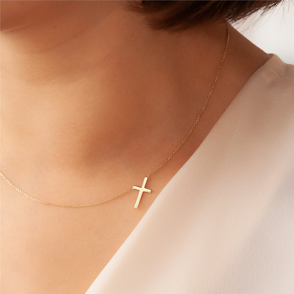 Goldstore-14k 18k Gold Sideways Cross Necklace, Solid Plain Gold Side Cross Necklace, Real Gold Sideways Vertical Cross necklace is a gift for Her.