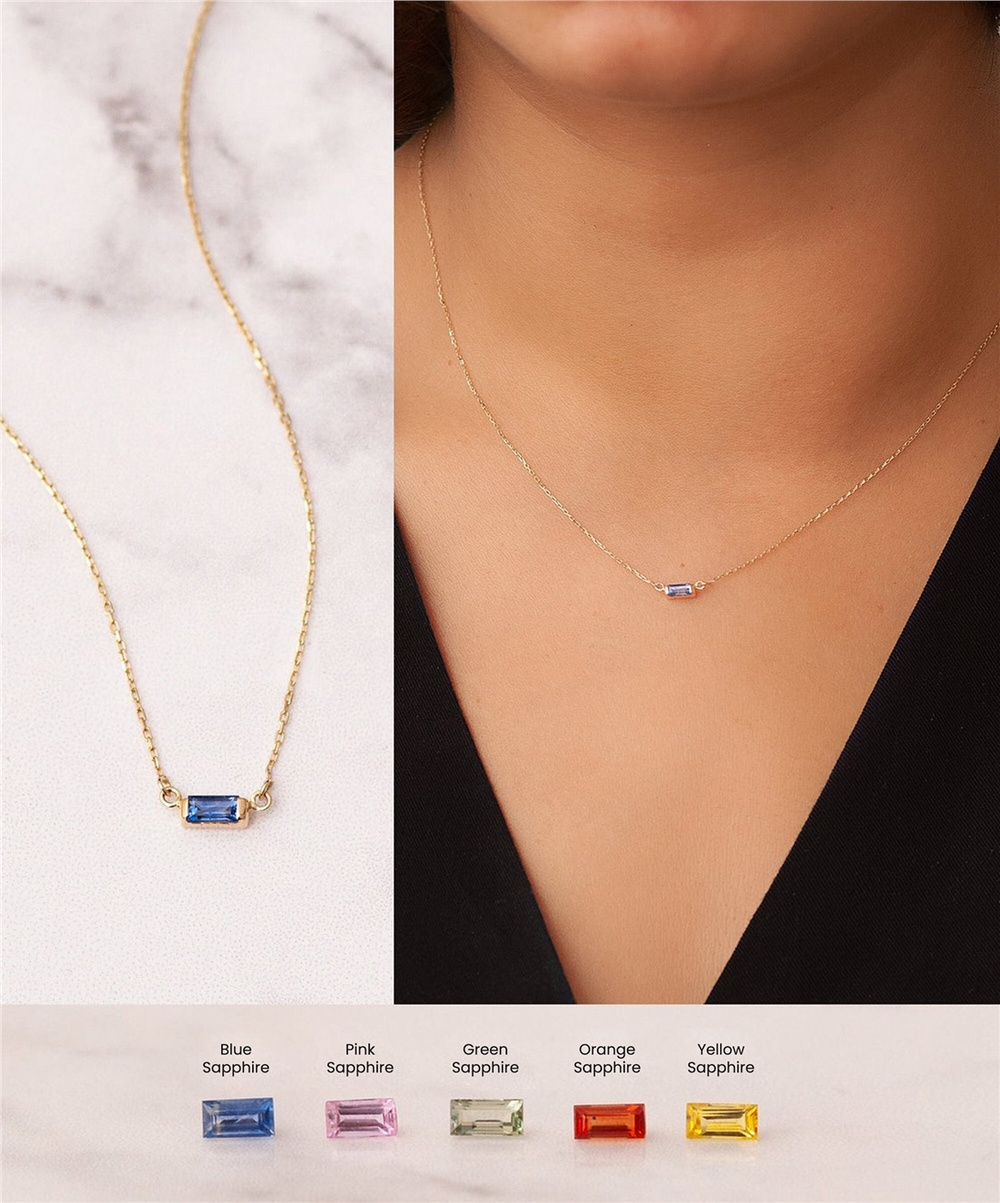 Goldstore-14k 18k Gold Solitaire Baguette Genuine Sapphire Necklace, Pink Blue Orange Sapphire Baguette Necklace, Dainty Sapphire Necklace Gift For