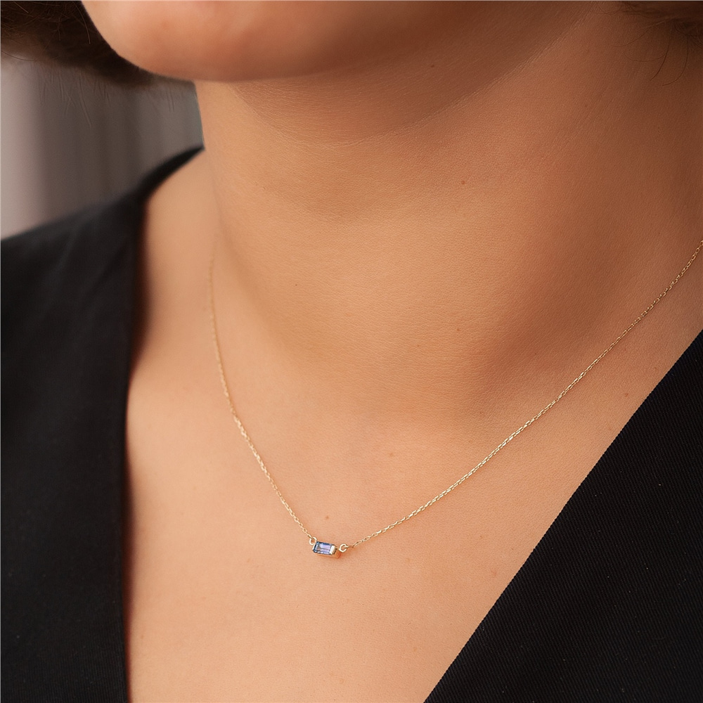 Goldstore-14k 18k Gold Solitaire Baguette Genuine Sapphire Necklace, Pink Blue Orange Sapphire Baguette Necklace, Dainty Sapphire Necklace Gift For