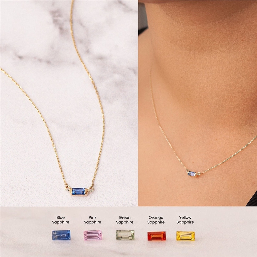 Goldstore-14k 18k Gold Solitaire Baguette Genuine Sapphire Necklace, Pink Blue Orange Sapphire Baguette Necklace, Dainty Sapphire Necklace Gift For