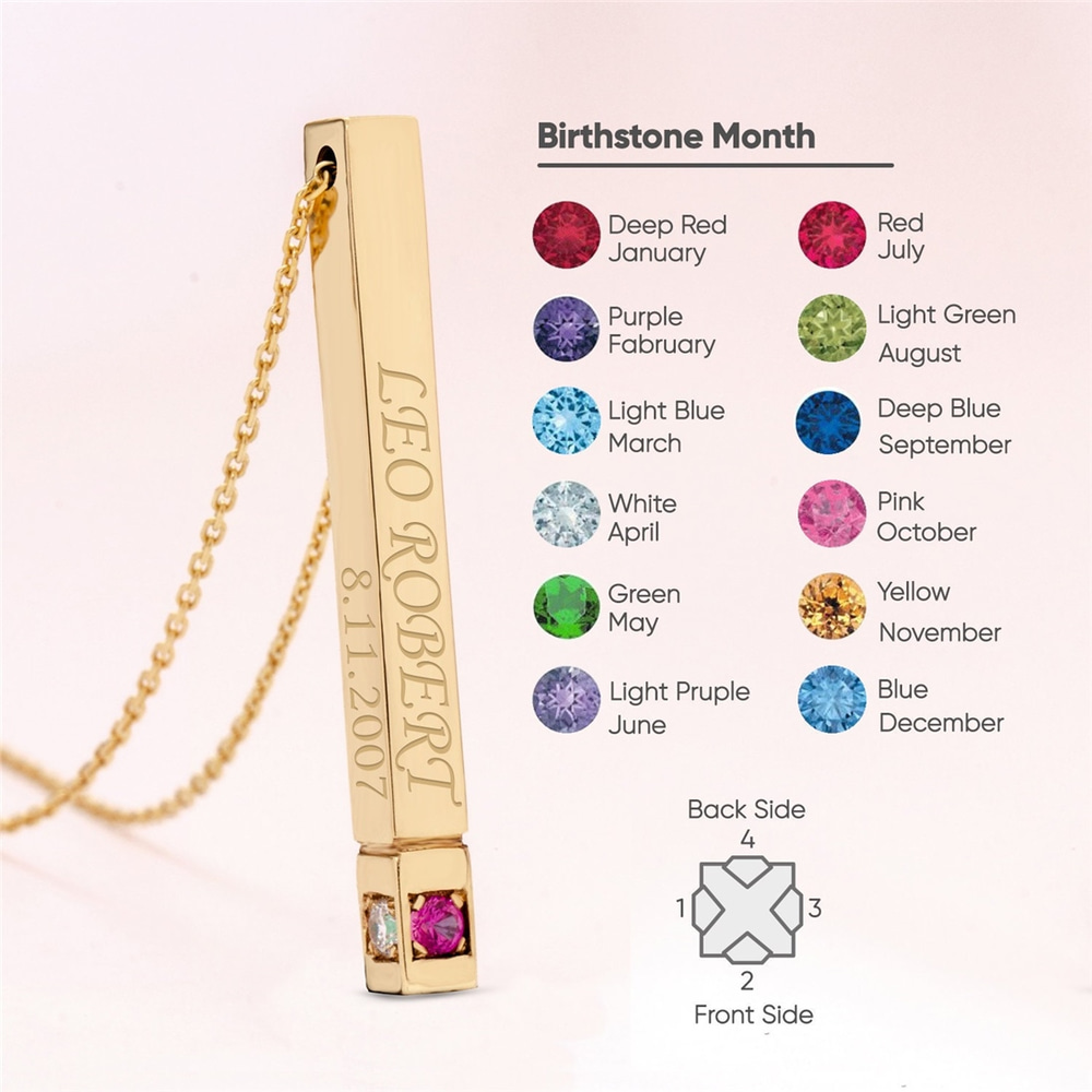 Goldstore-14K 18K Personalized 3d Gold Bar Necklace, Birthstone Name Necklace, Vertical Bar Customized Necklace, 14k Gold Custom Birthstone Necklace.