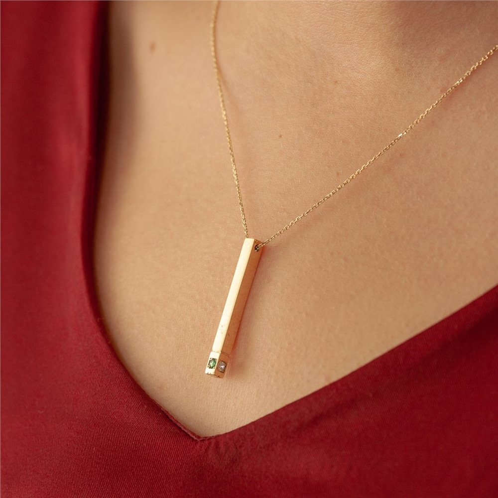 Goldstore-14K 18K Personalized 3d Gold Bar Necklace, Birthstone Name Necklace, Vertical Bar Customized Necklace, 14k Gold Custom Birthstone Necklace.
