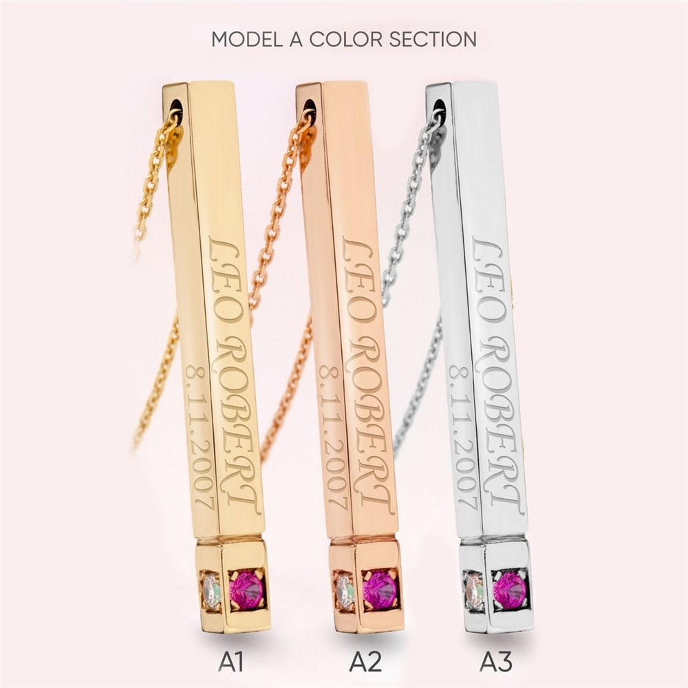 Goldstore-14K 18K Personalized 3d Gold Bar Necklace, Birthstone Name Necklace, Vertical Bar Customized Necklace, 14k Gold Custom Birthstone Necklace.