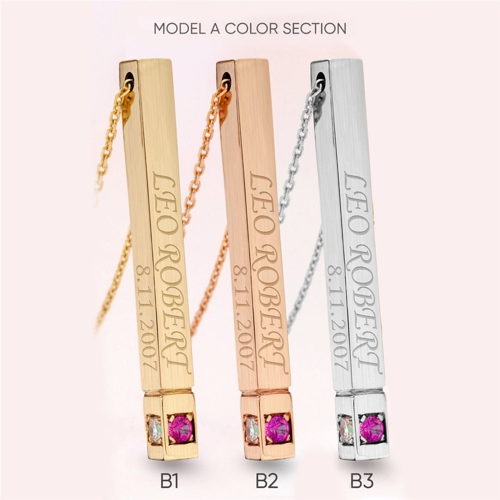 Goldstore-14K 18K Personalized 3d Gold Bar Necklace, Birthstone Name Necklace, Vertical Bar Customized Necklace, 14k Gold Custom Birthstone Necklace.