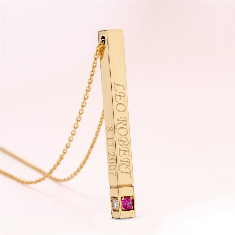 Goldstore-14K 18K Personalized 3d Gold Bar Necklace, Birthstone Name Necklace, Vertical Bar Customized Necklace, 14k Gold Custom Birthstone Necklace.