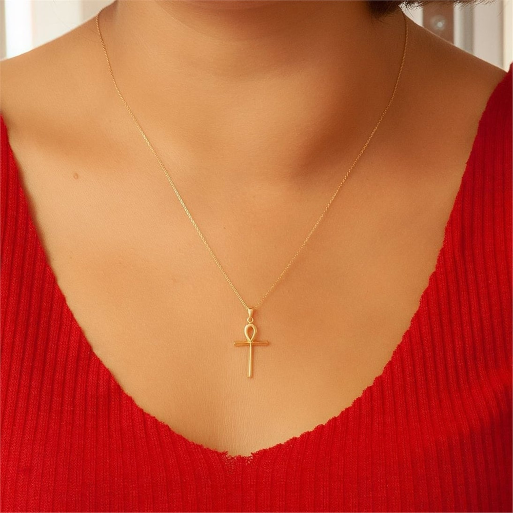 Goldstore-14K 18K Real Gold Ankh Cross Pendant Necklace, Egypt Hieroglyphs Pendant, Gold Cross Pendant is a Great Gift For Her. Christmas Gift