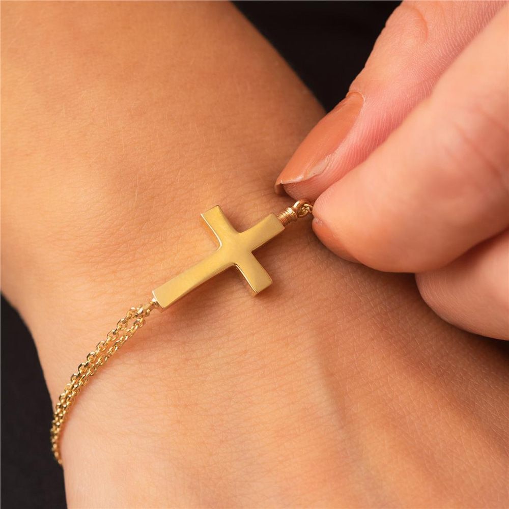 Goldstore-14K 18K Real Gold Cremation Urn Cross Bracelet, 2 Side Custom Engrave Memorial 3D Bracelet, Ashes Funeral Gold Bracelet For Dad Mom Son Pet