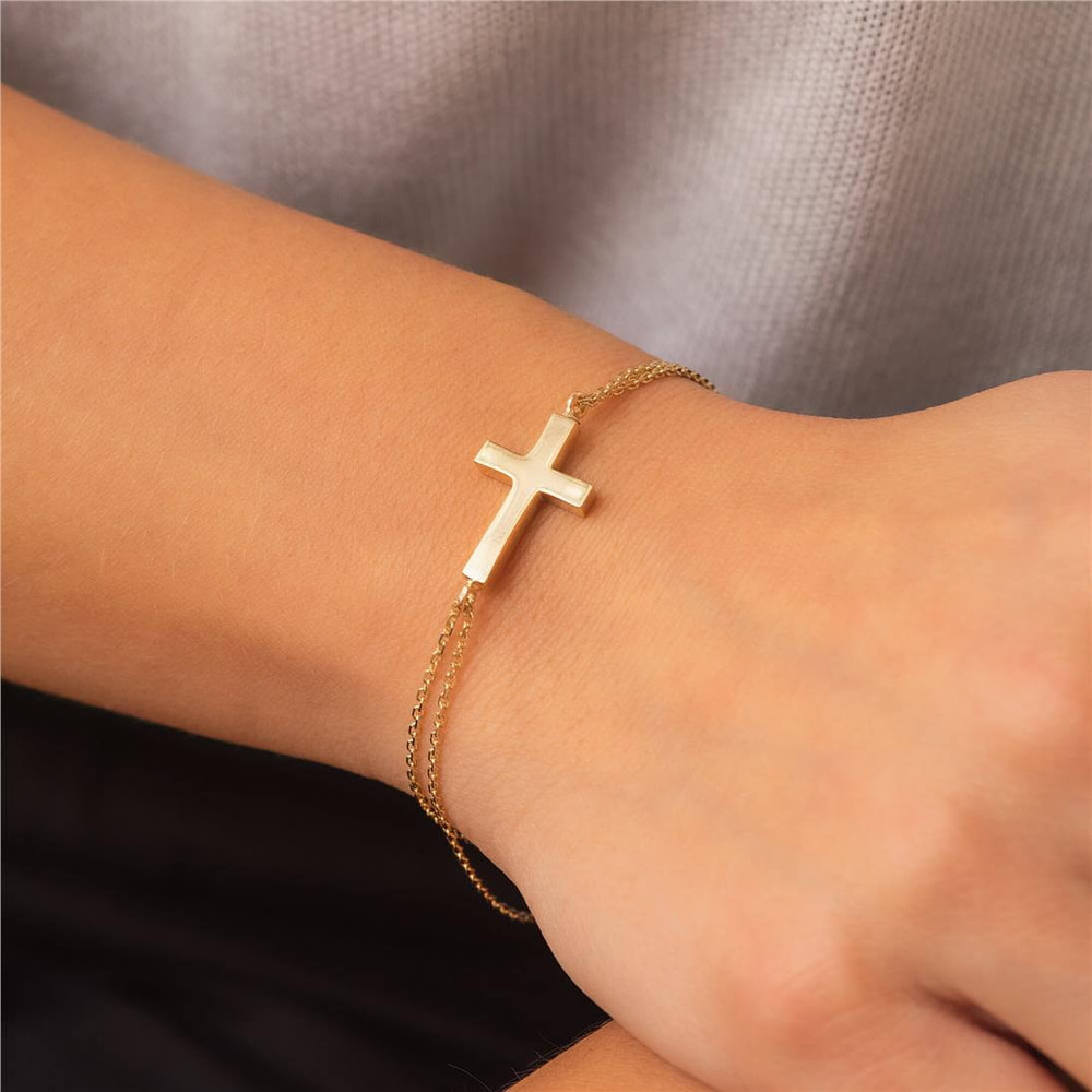 Goldstore-14K 18K Real Gold Cremation Urn Cross Bracelet, 2 Side Custom Engrave Memorial 3D Bracelet, Ashes Funeral Gold Bracelet For Dad Mom Son Pet