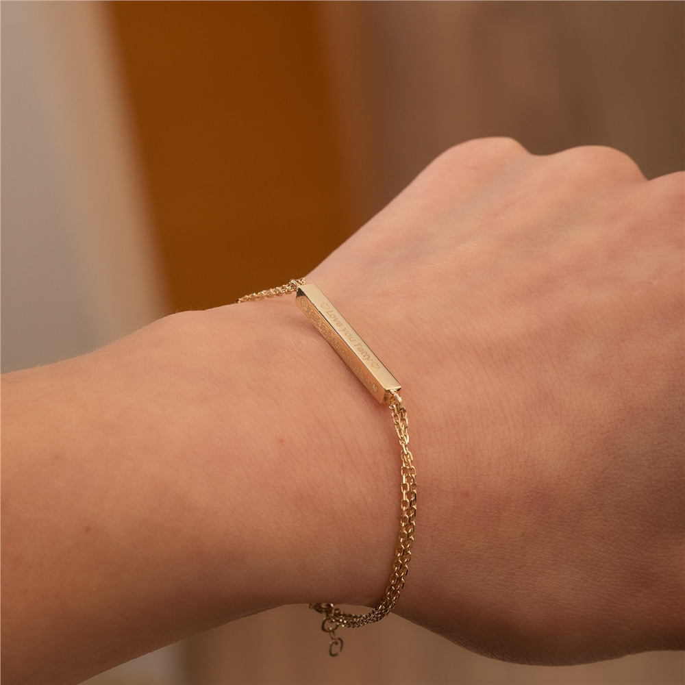 Goldstore-14K 18K Real Gold Custom Cremation Urn Bar Bracelet, 4 Side Engrave Memorial 3D Bracelet, Engrave Name Date Coordinate Funeral Gold Bracelet