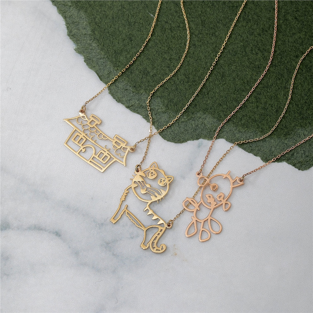 Goldstore-14K 18K Real Gold  Drawing Necklace, Actual Kids Drawing Necklace,Children Artwork Necklace, Doodle Necklace, Special Custom Paint Necklace