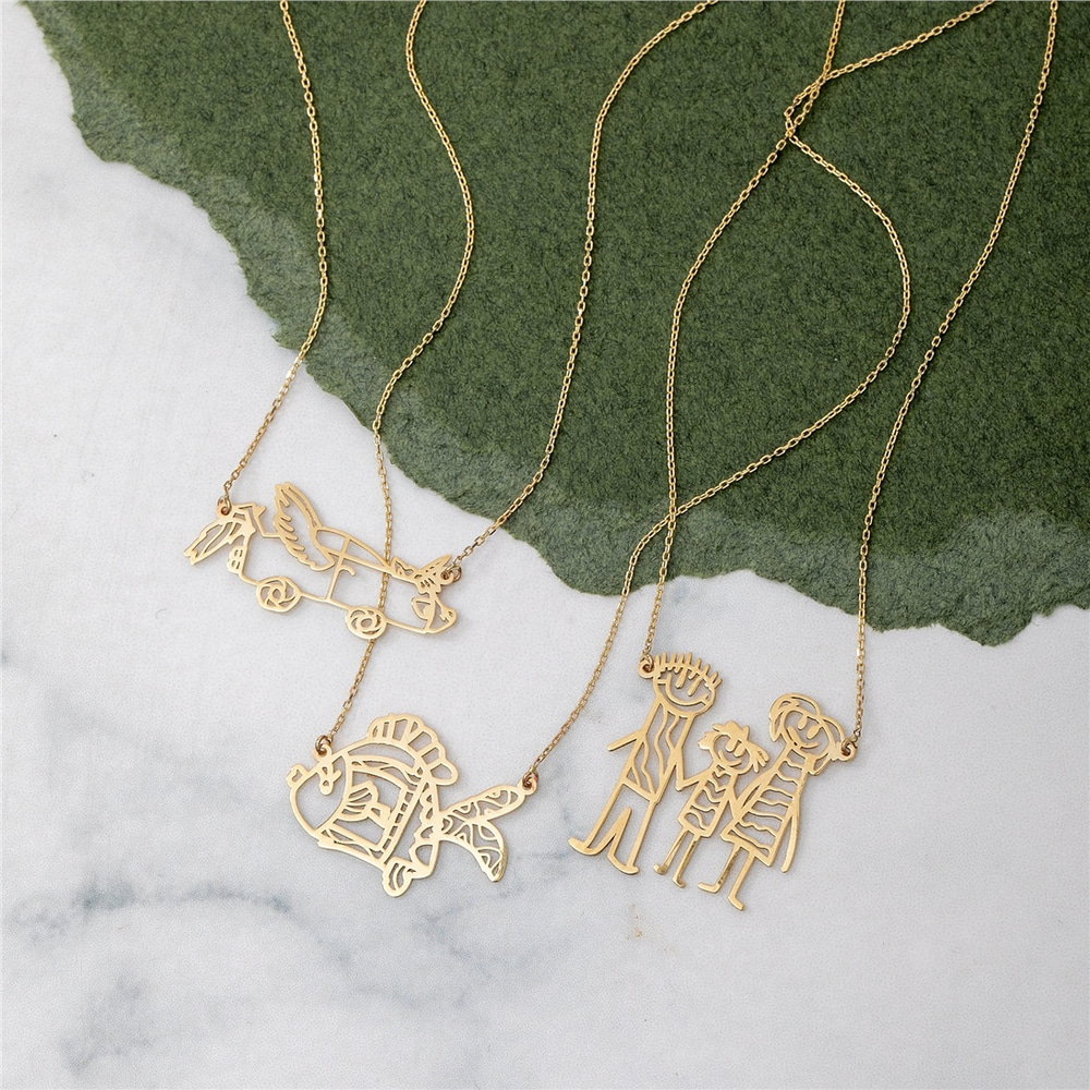Goldstore-14K 18K Real Gold  Drawing Necklace, Actual Kids Drawing Necklace,Children Artwork Necklace, Doodle Necklace, Special Custom Paint Necklace
