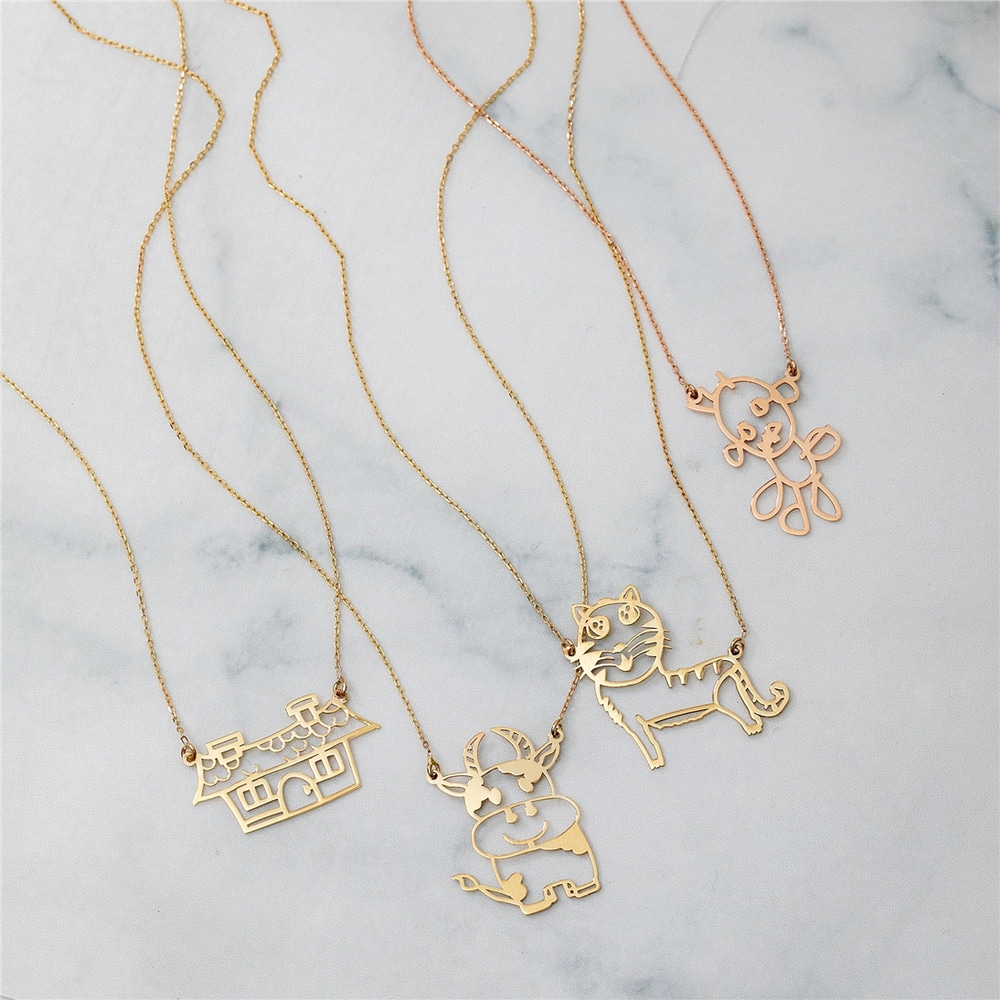 Goldstore-14K 18K Real Gold  Drawing Necklace, Actual Kids Drawing Necklace,Children Artwork Necklace, Doodle Necklace, Special Custom Paint Necklace