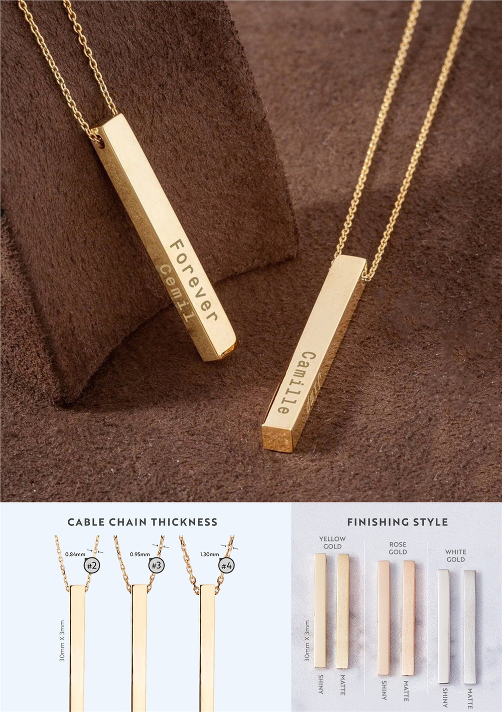 Goldstore-14K 18k Real Gold Personalized Vertical 3 cm Bar Necklace, 4 Side Custom Name Engrave Necklace, 3D Bar Family Necklace, Personalize Gift for
