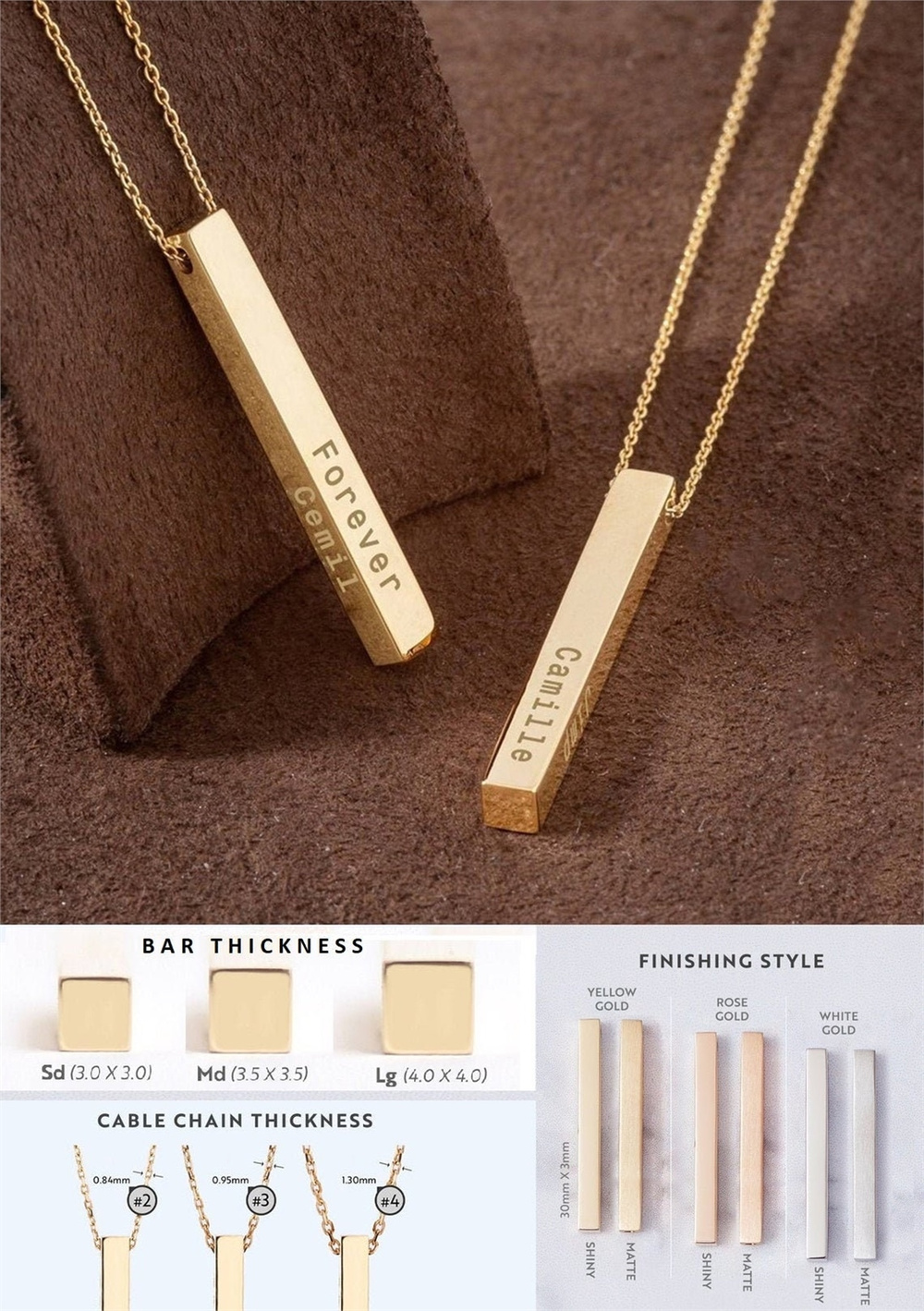 Goldstore-14K 18k Real Gold Personalized Vertical 3 cm Bar Necklace, 4 Side Custom Name Engrave Necklace, 3D Bar Family Necklace, Personalize Gift for