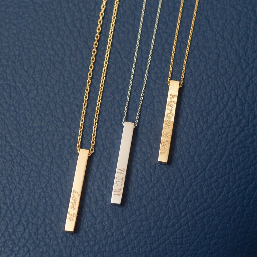 Goldstore-14K 18k Real Gold Personalized Vertical 3 cm Bar Necklace, 4 Side Custom Name Engrave Necklace, 3D Bar Family Necklace, Personalize Gift for
