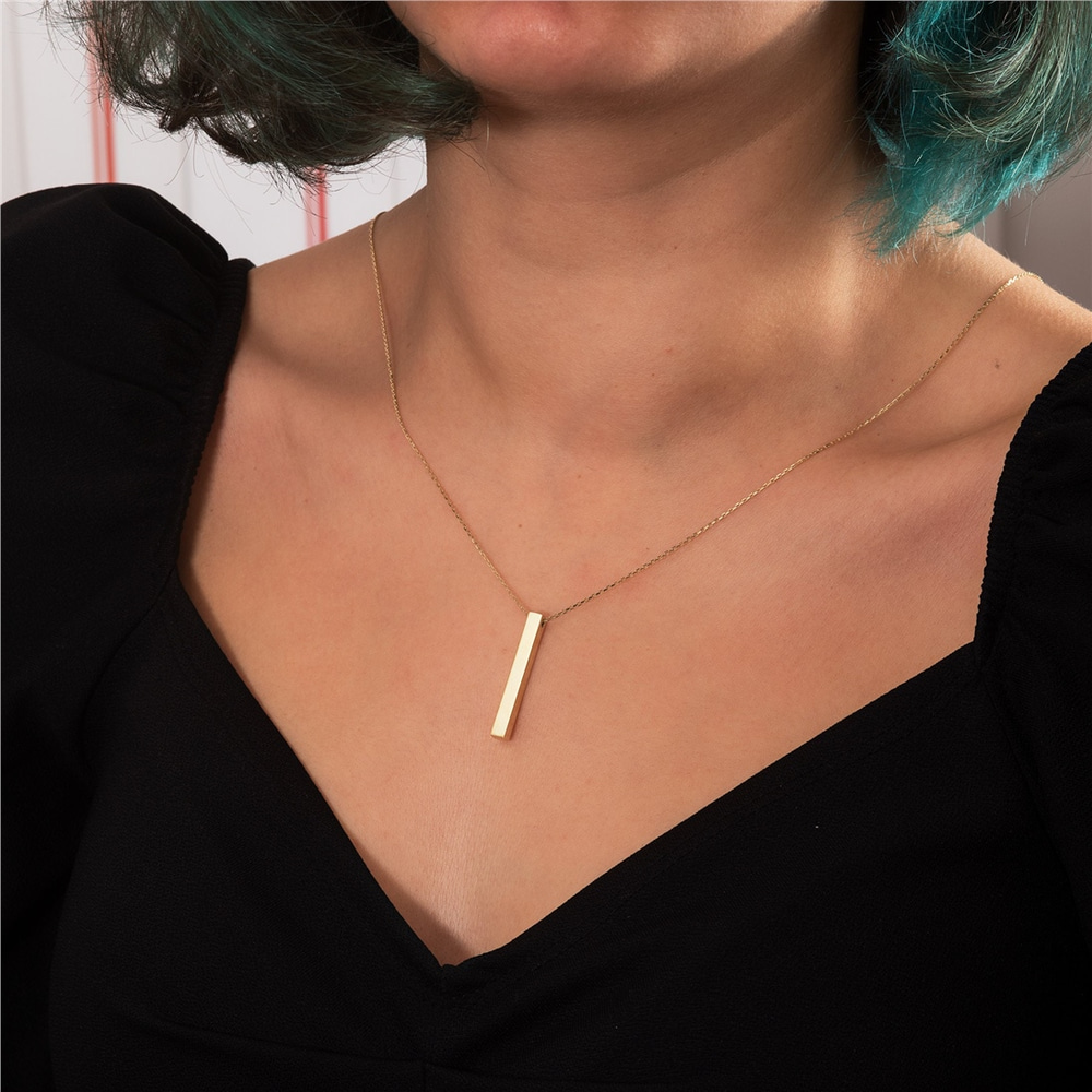 Goldstore-14K 18k Real Gold Personalized Vertical 3 cm Bar Necklace, 4 Side Custom Name Engrave Necklace, 3D Bar Family Necklace, Personalize Gift for