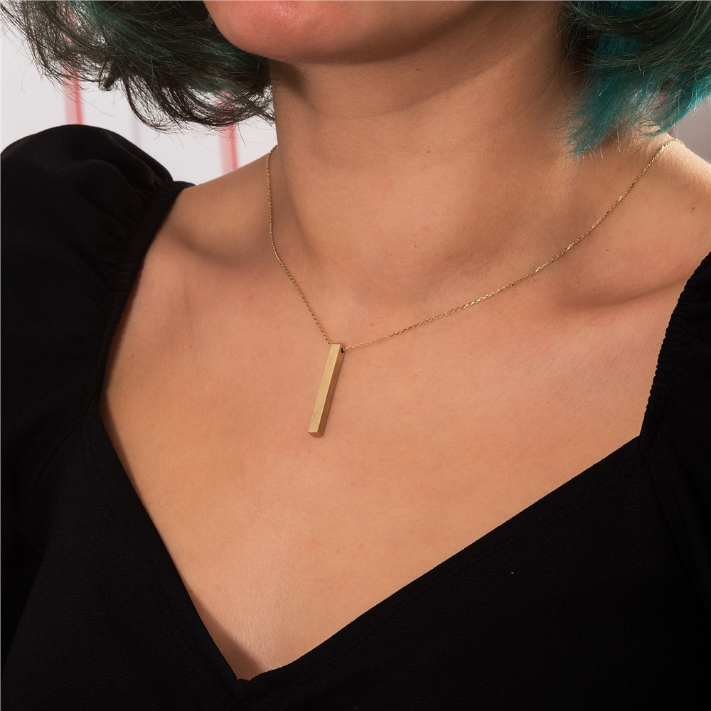 Goldstore-14K 18k Real Gold Personalized Vertical 3 cm Bar Necklace, 4 Side Custom Name Engrave Necklace, 3D Bar Family Necklace, Personalize Gift for