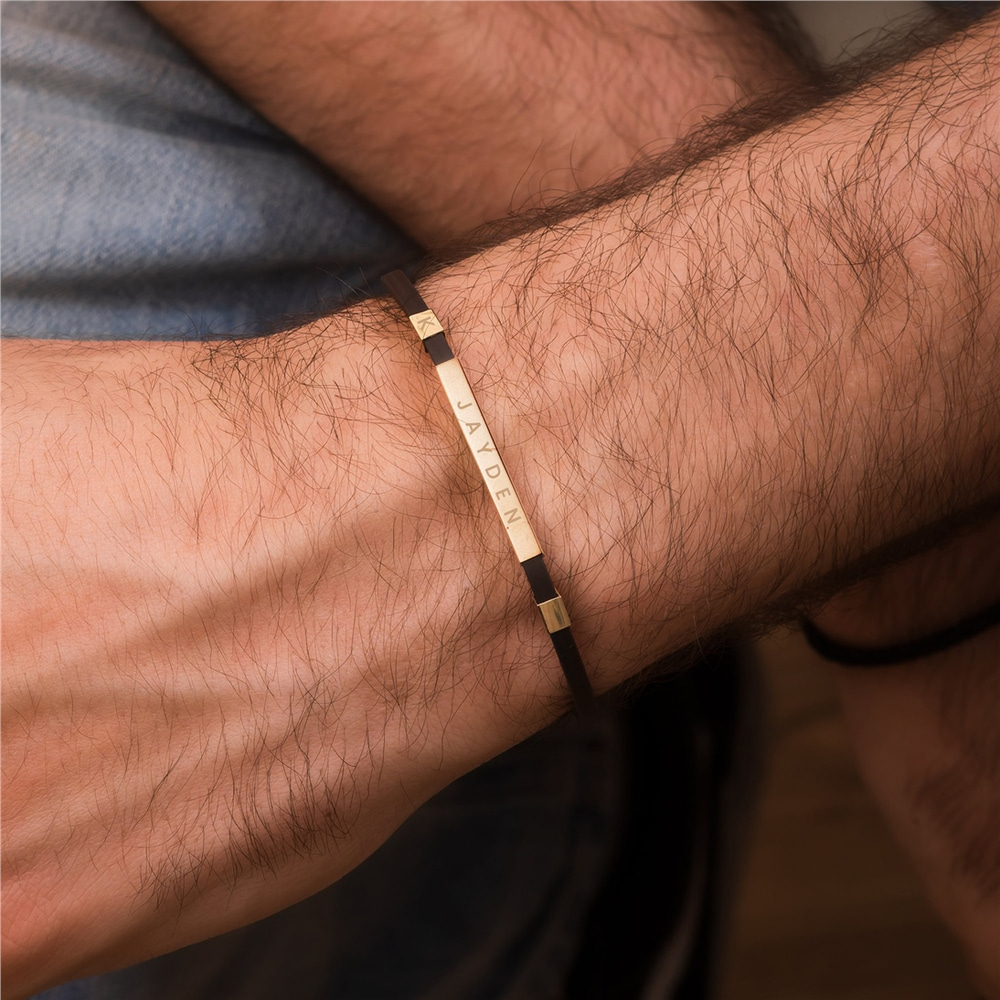 Goldstore-14K 18K Real Gold Personalized Bar Bracelet, Custom Engrave Men's Rubber Bangle Cuff Jewelry, 4 Side Name Engrave Bar Bracelet Gift For Dad