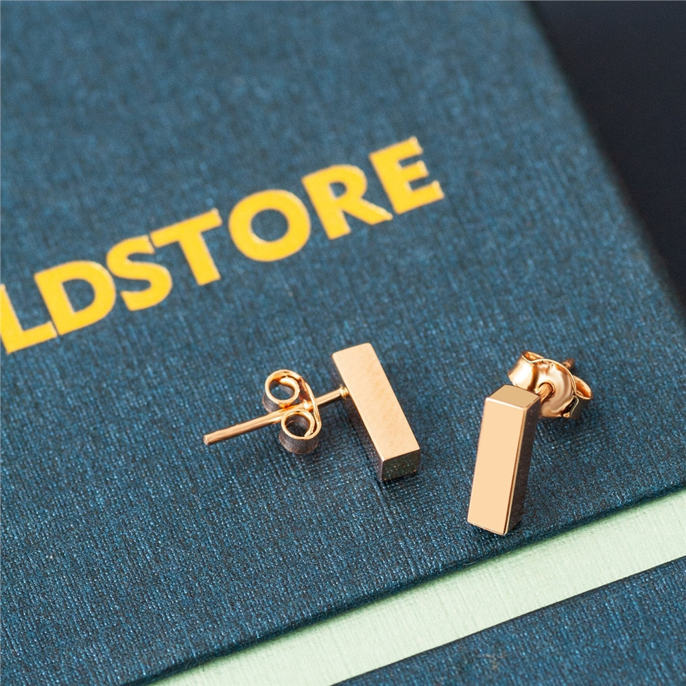 Goldstore-14K 18K Real Gold Short Bar Stud Earrings, Four Sided Custom Name Engrave 3D Earrings, Engrave Custom Letter Initial Engraved Bar Earrings