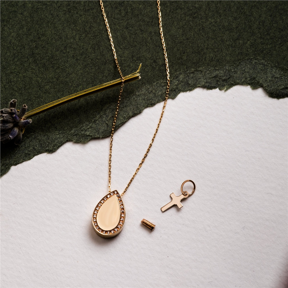 Goldstore-14K 18K Real Gold Tear Drop Cremation Urn Pave Diamond Necklace, Custom Engrave Cremation Necklace Dad Mom Son Sister Grandpa, Ashes Holder