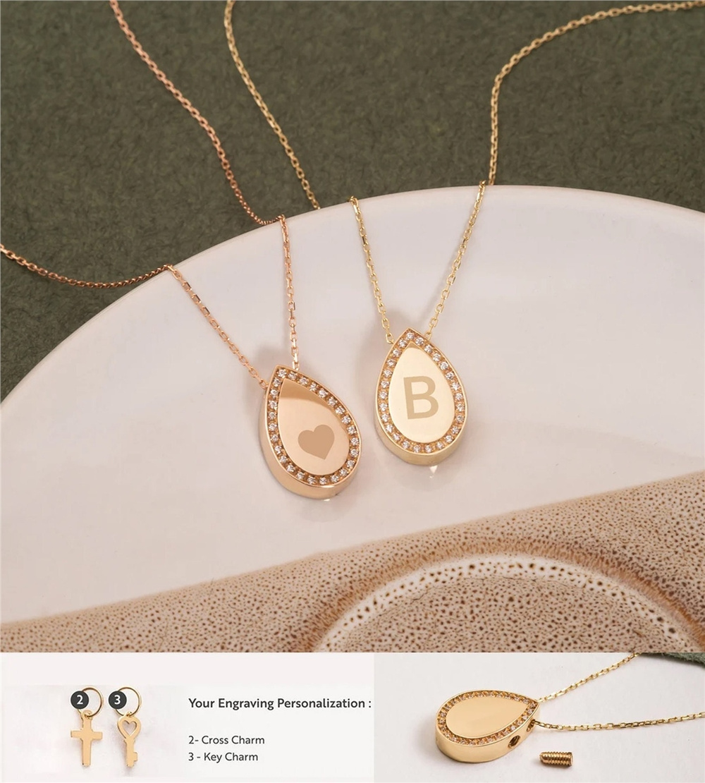 Goldstore-14K 18K Real Gold Tear Drop Cremation Urn Pave Diamond Necklace, Custom Engrave Cremation Necklace Dad Mom Son Sister Grandpa, Ashes Holder
