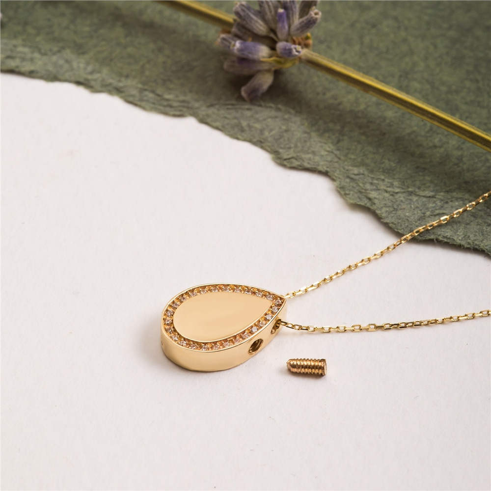 Goldstore-14K 18K Real Gold Tear Drop Cremation Urn Pave Diamond Necklace, Custom Engrave Cremation Necklace Dad Mom Son Sister Grandpa, Ashes Holder