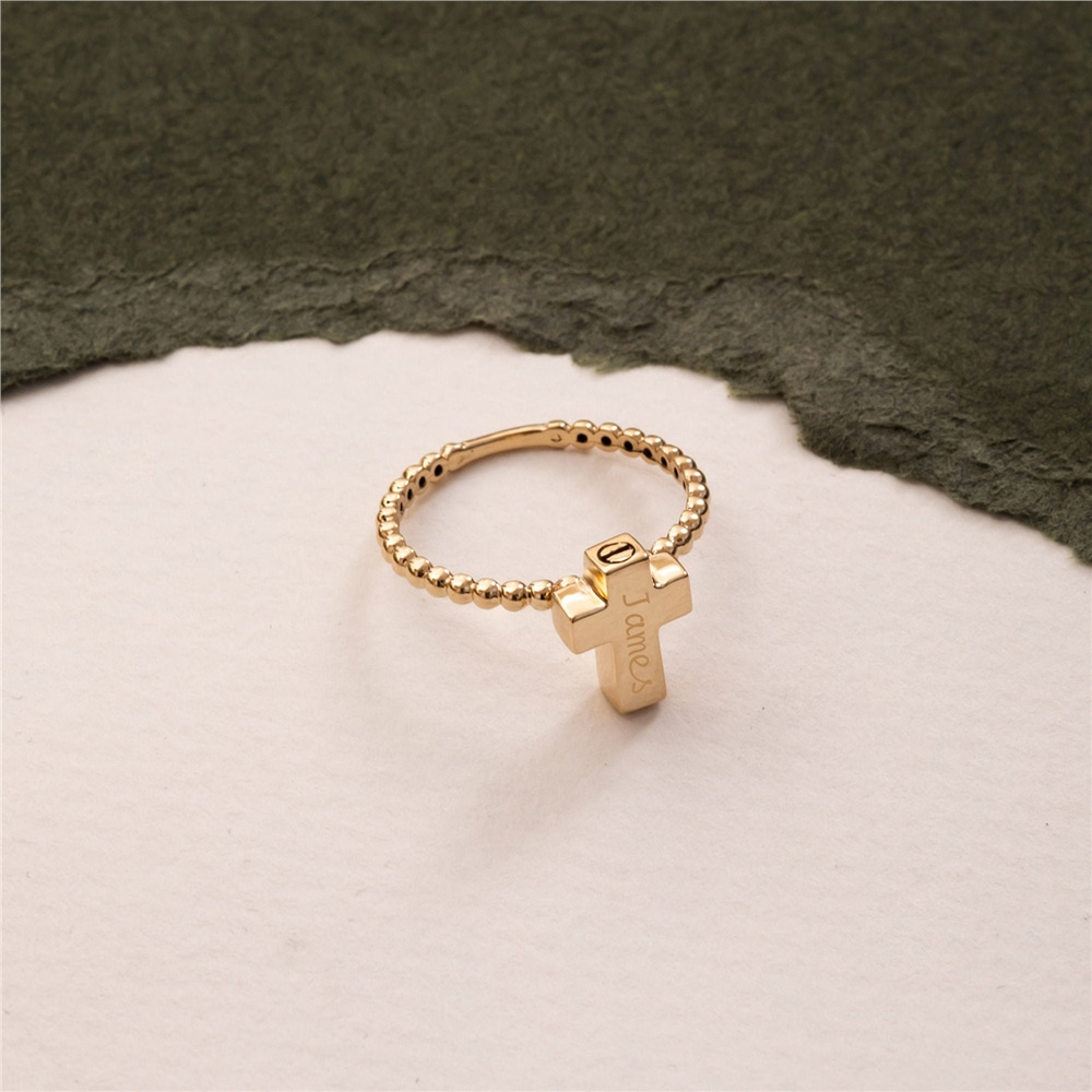 Goldstore-14K 18k Real Gold Tiny Cross Cremation Urn Ring, Personalized Urn Memorial Cross Gold Ring for Mom Dad Son Human Ashes and Dog Cat Ashes