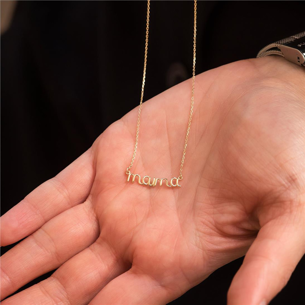 Goldstore-14k 18k Real Solid Gold Script Font Mama Necklace, Minimalist Wire Mama Necklace, Dainty Gold Modern Font Mama Necklace Gift for Mom For Her