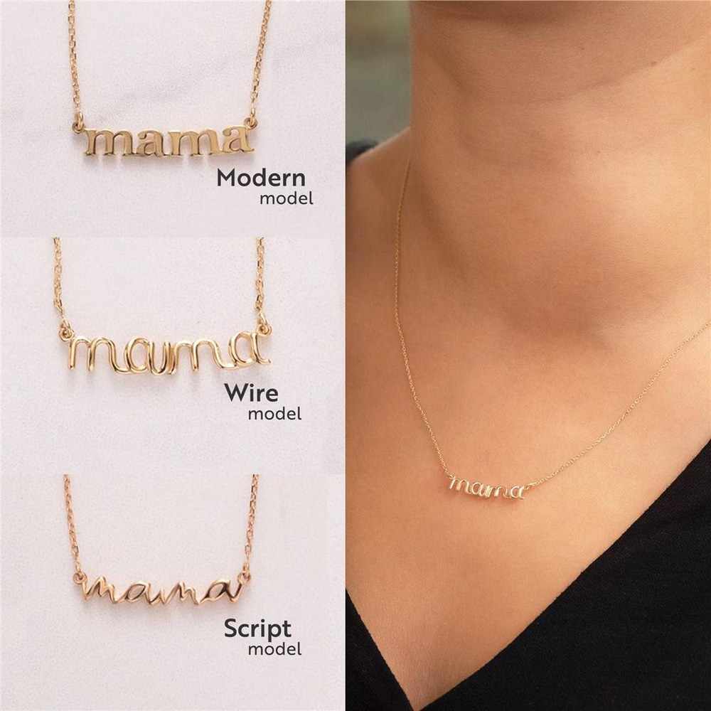 Goldstore-14k 18k Real Solid Gold Script Font Mama Necklace, Minimalist Wire Mama Necklace, Dainty Gold Modern Font Mama Necklace Gift for Mom For Her