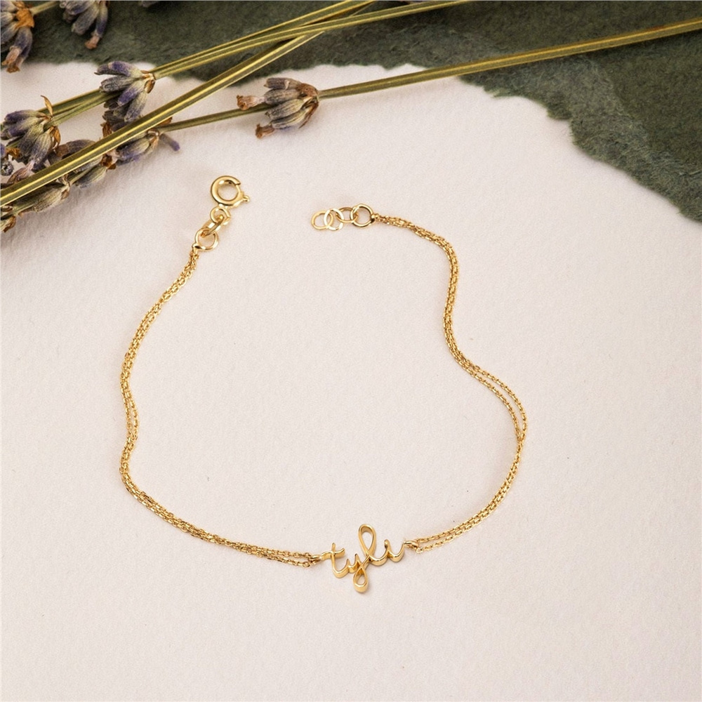 Goldstore-14k 18k Real Solid Gold Script Custom Name Bracelet, Double Row Chain Dainty Gold Bracelet, Personalized Jewelry, Perfect Gift For Her