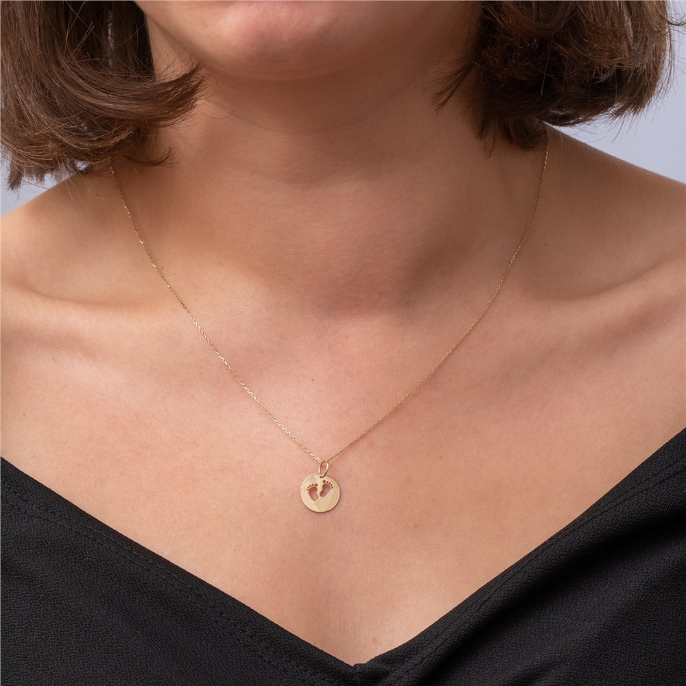 Goldstore-14K 18K Solid Custom Cutout Disk Necklace, Baby Feet Cutout Disk Pendant, Real Gold Multi Size Cute Baby Foot Necklace, New Born Gift