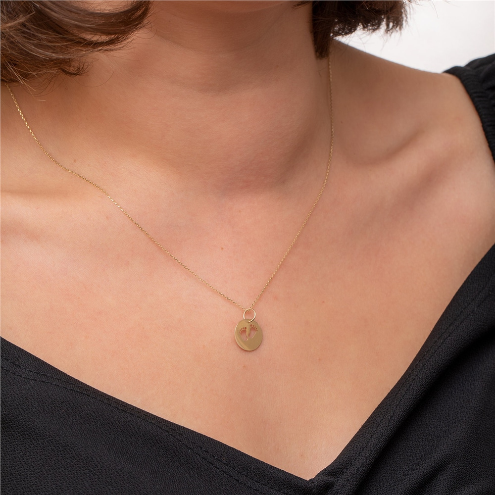 Goldstore-14K 18K Solid Custom Cutout Disk Necklace, Baby Feet Cutout Disk Pendant, Real Gold Multi Size Cute Baby Foot Necklace, New Born Gift
