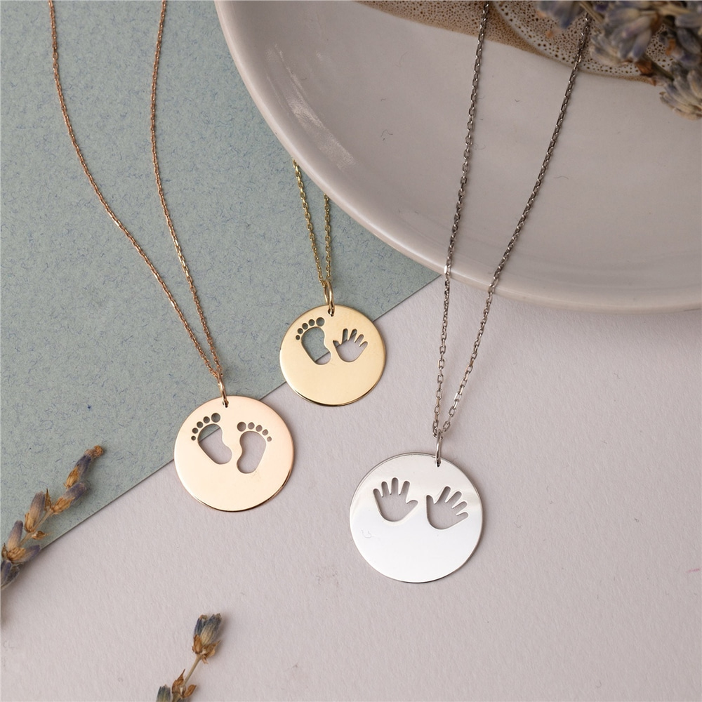 Goldstore-14K 18K Solid Custom Cutout Disk Necklace, Baby Feet Cutout Disk Pendant, Real Gold Multi Size Cute Baby Foot Necklace, New Born Gift