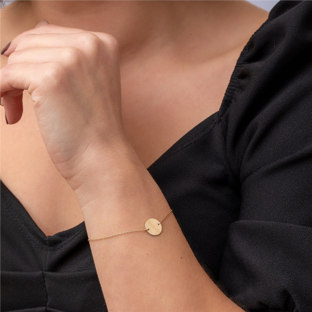 Goldstore-14K 18K Solid Custom Disk Bracelet, Personalized Name, Initial Disk Bracelet, Real Gold Everyday Jewelry, Custom Engrave Disc , Gift For Her