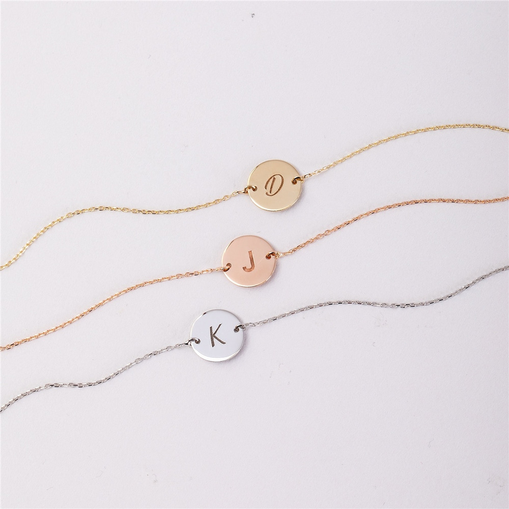 Goldstore-14K 18K Solid Custom Disk Bracelet, Personalized Name, Initial Disk Bracelet, Real Gold Everyday Jewelry, Custom Engrave Disc , Gift For Her