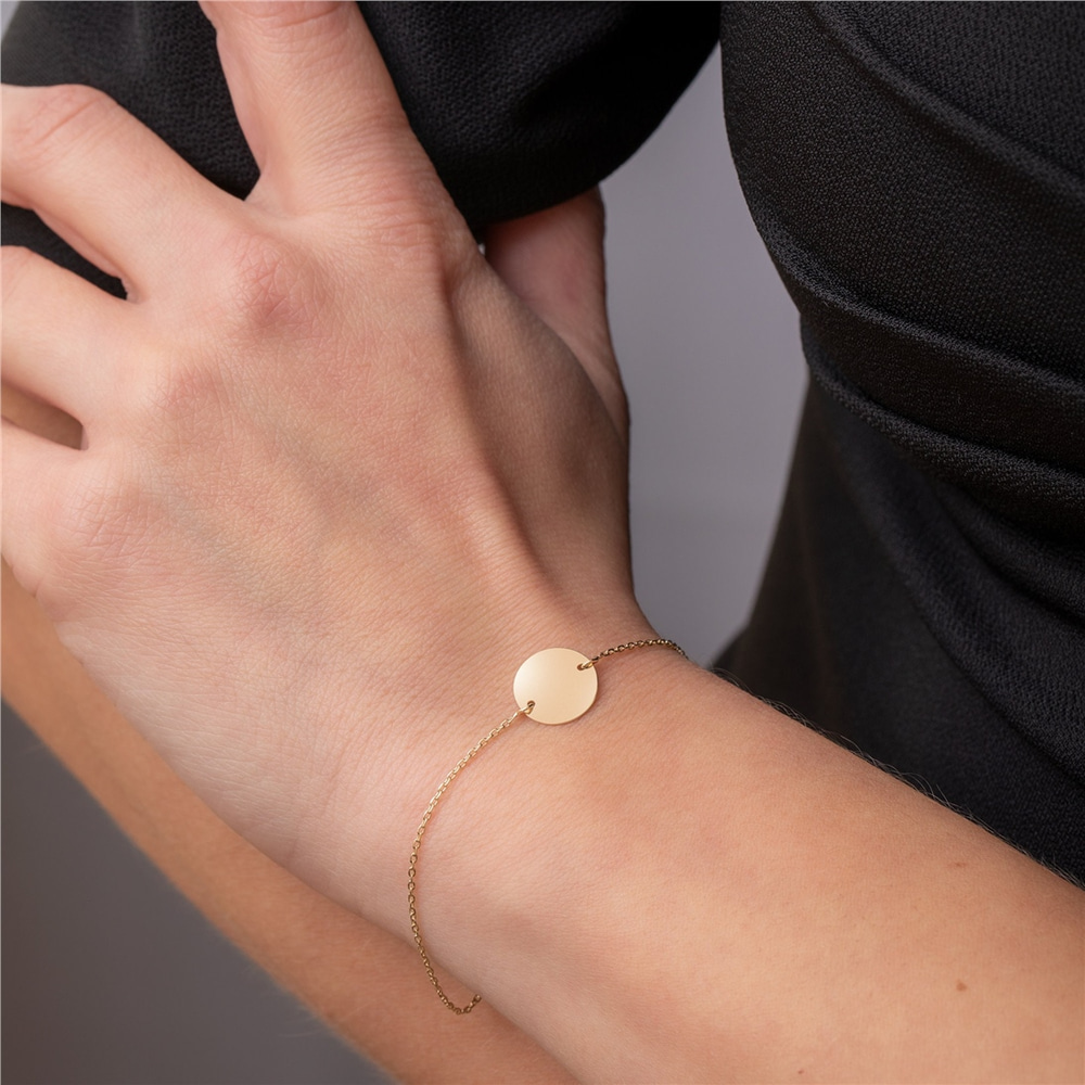 Goldstore-14K 18K Solid Custom Disk Bracelet, Personalized Name, Initial Disk Bracelet, Real Gold Everyday Jewelry, Custom Engrave Disc , Gift For Her