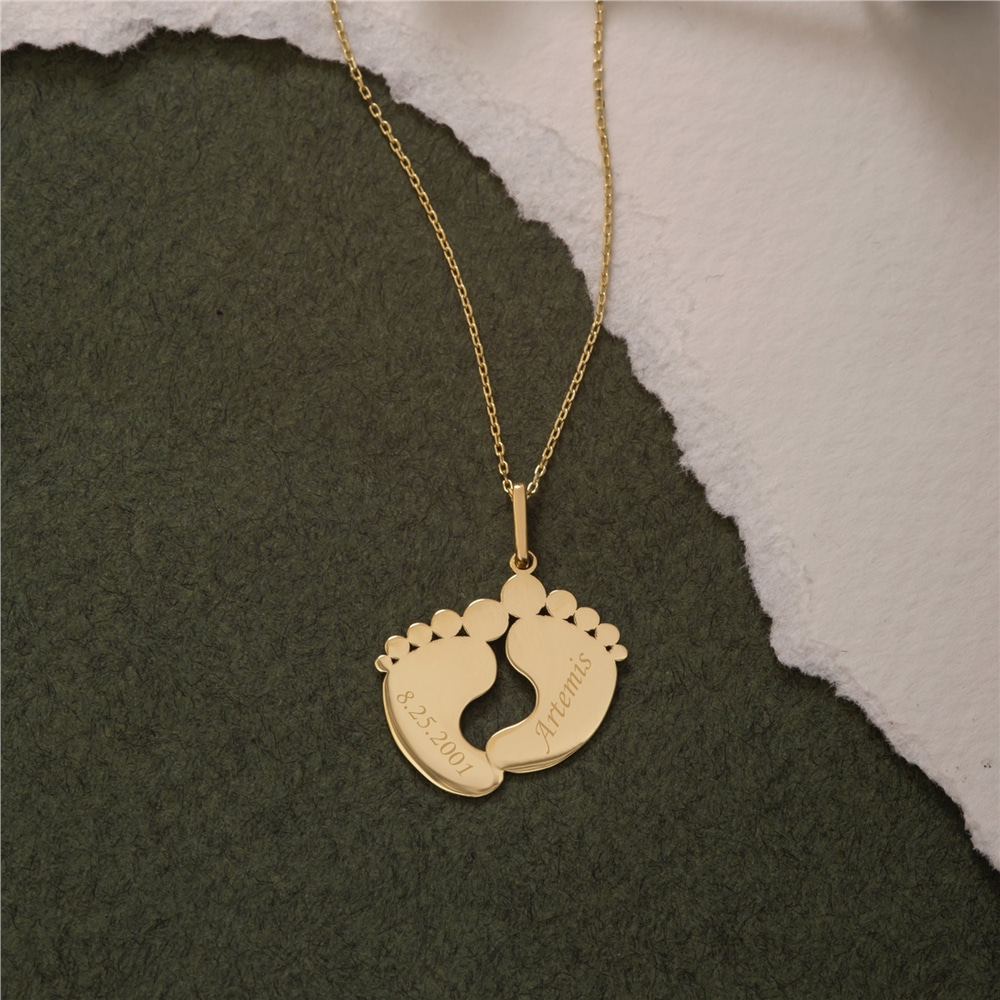 Goldstore-14k 18k Solid Engraved Baby Feet Necklace, Custom Name Date Engrave Baby Footprint Necklace, Personalized Foot Name Necklace is Push Present