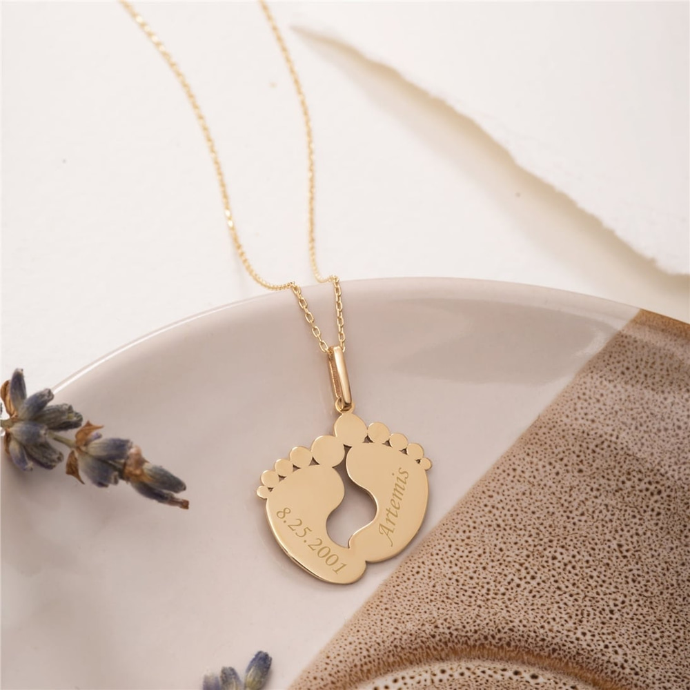 Goldstore-14k 18k Solid Engraved Baby Feet Necklace, Custom Name Date Engrave Baby Footprint Necklace, Personalized Foot Name Necklace is Push Present
