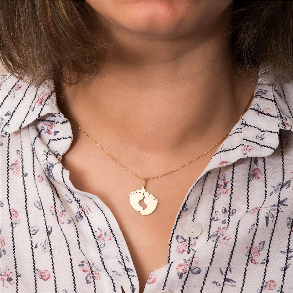 Goldstore-14k 18k Solid Engraved Baby Feet Necklace, Custom Name Date Engrave Baby Footprint Necklace, Personalized Foot Name Necklace is Push Present
