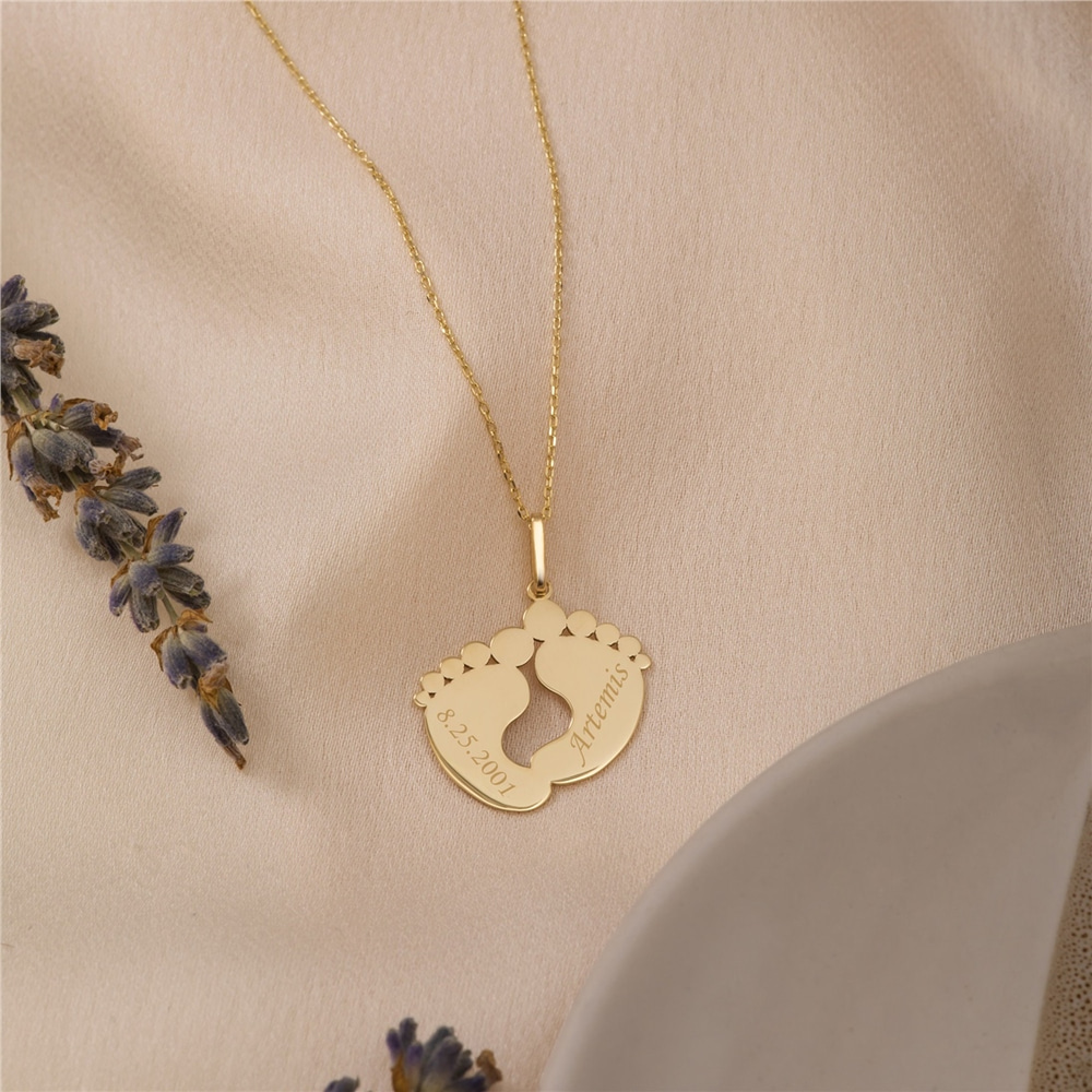 Goldstore-14k 18k Solid Engraved Baby Feet Necklace, Custom Name Date Engrave Baby Footprint Necklace, Personalized Foot Name Necklace is Push Present